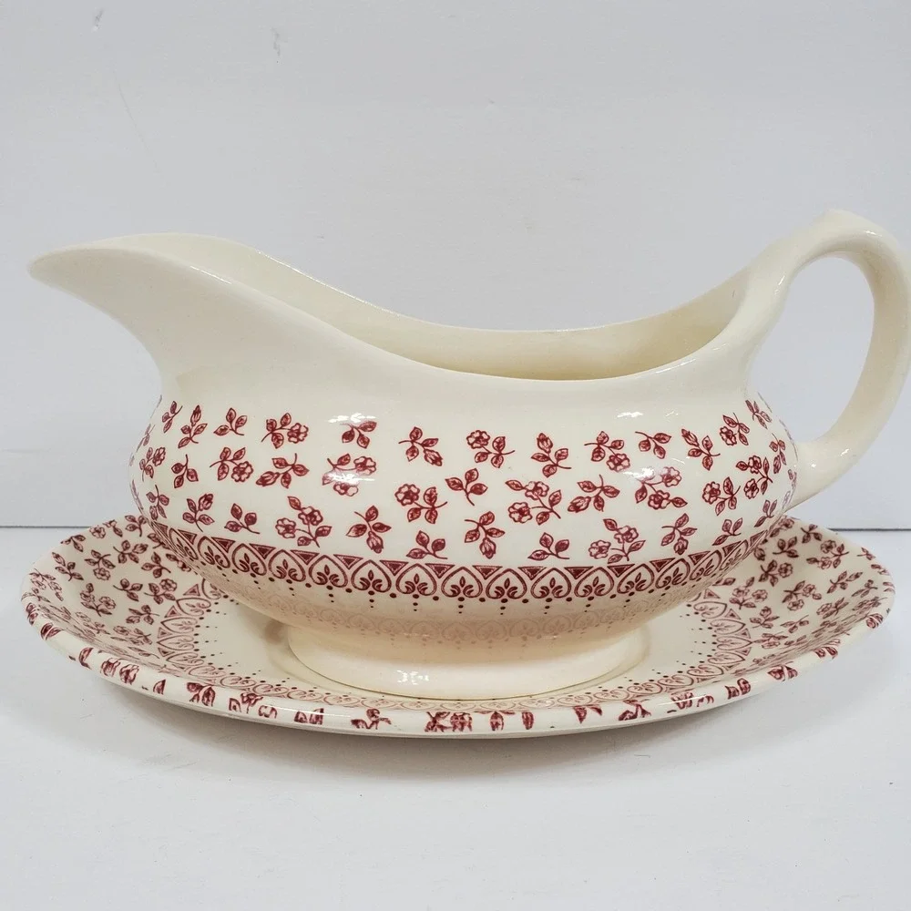 English Ironstone Tableware Provence Red Floral Gravy Boat & Underplate Set of 2
